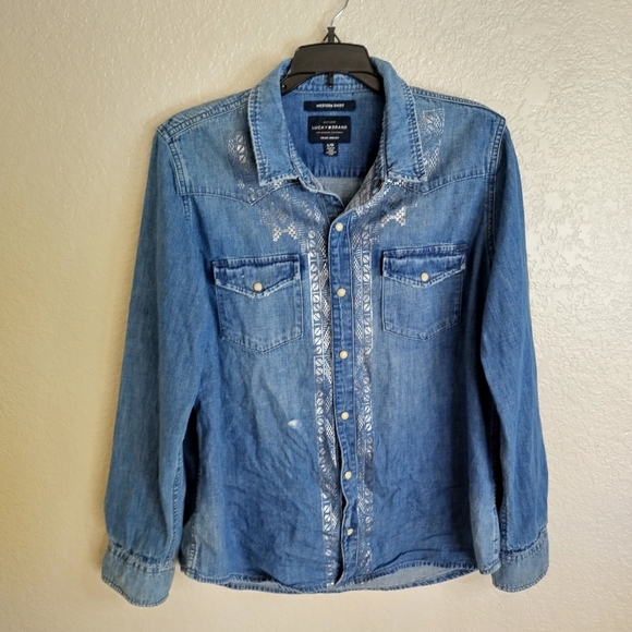 Lucky Brand Western Button Up Metallic Trim Denim Shirt Sz L - Picture 2 of 8